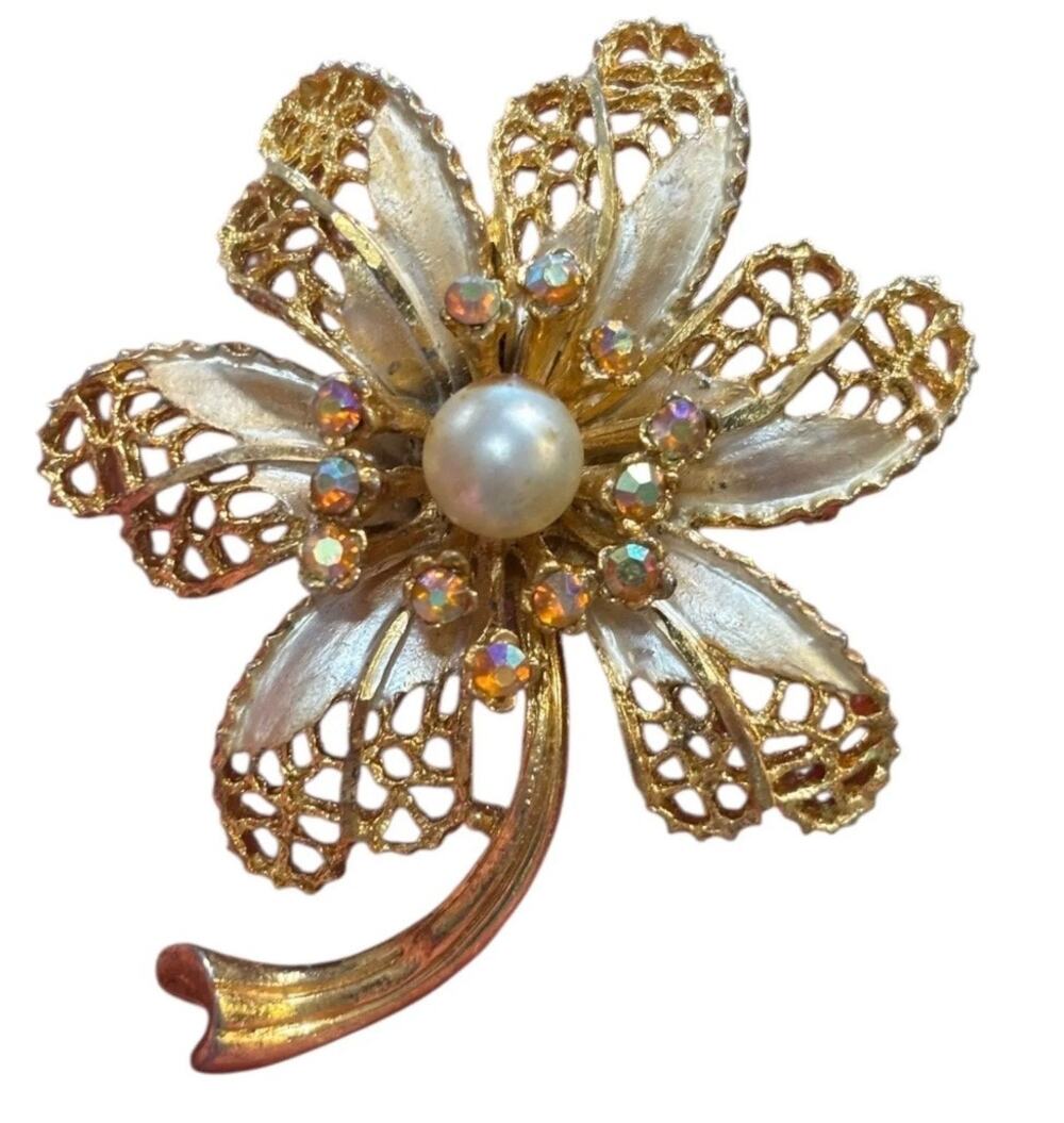 Vintage BSK Floral Brooch Faux Pearl Aurora Borealis Rhinestone Gold Tone Pin